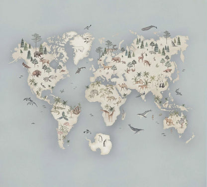 Our Little Explorer Mural children’s wallpaper in a palette of grey-blue and natural beige tones is a captivating adventure for your young explorer