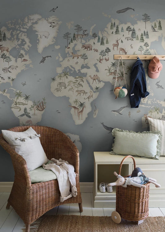Our Little Explorer Mural children’s wallpaper in a palette of grey-blue and natural beige tones is a captivating adventure for your young explorer