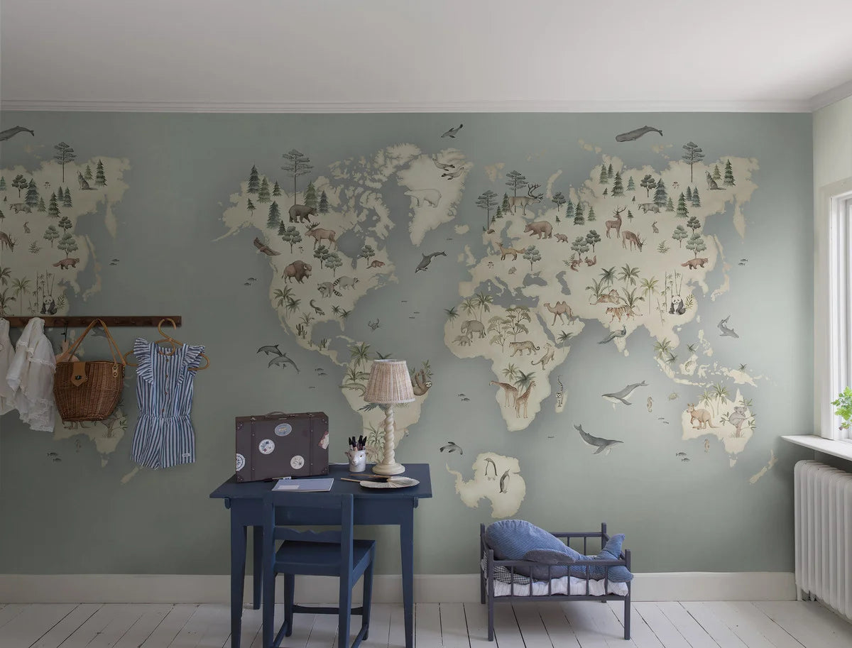 Our Little Explorer Mural children’s wallpaper in a palette of grey-blue and natural beige tones is a captivating adventure for your young explorer
