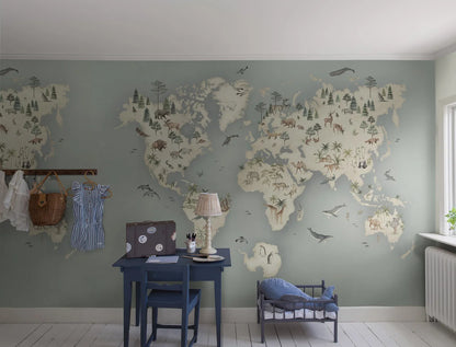 Our Little Explorer Mural children’s wallpaper in a palette of grey-blue and natural beige tones is a captivating adventure for your young explorer