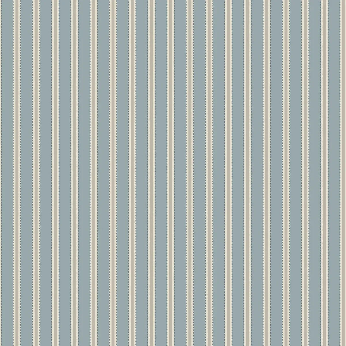 This Pärlband wallpaper is colored in muted blue and brown, on a light beige background, accented with dark blue dots.