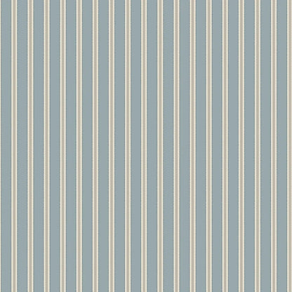 This Pärlband wallpaper is colored in muted blue and brown, on a light beige background, accented with dark blue dots.