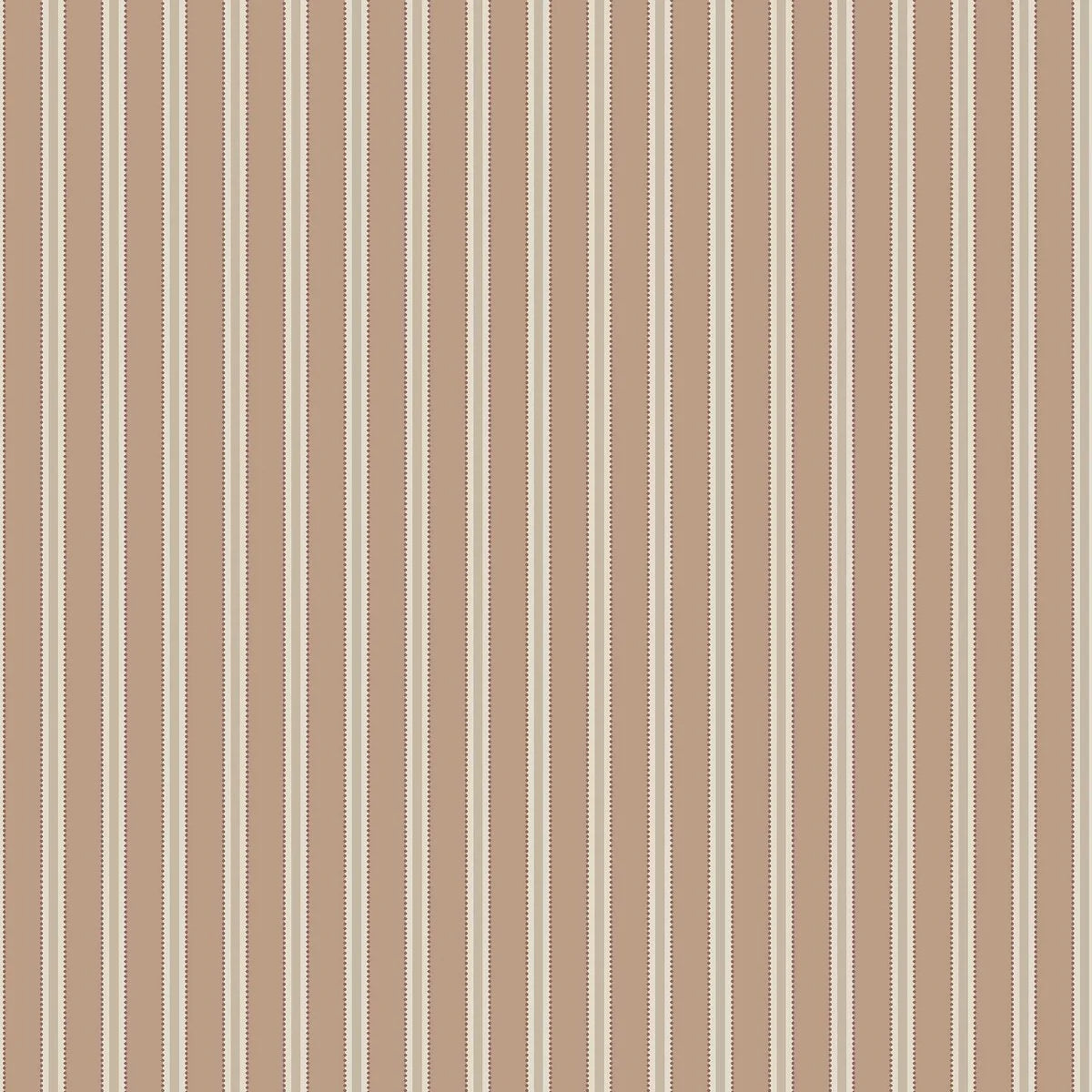  This Pärlband wallpaper has muted terracotta and dark beige stripes on a light beige background, highlighted by dark red decorative dots. 