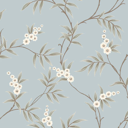 Our Floral Tree wallpaper pairs green leaves with soft white flowers on a serene sky-blue background, blending classic Chinoiserie motif inspiration with a modern aesthetic. 