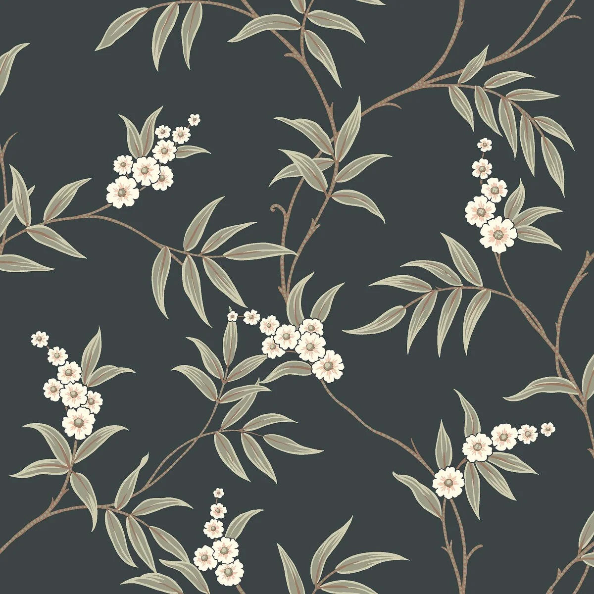 Our Floral Tree wallpaper pairs green leaves and white flowers with a charcoal black background, to create a bold, sophisticated design.