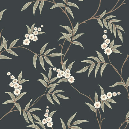Our Floral Tree wallpaper pairs green leaves and white flowers with a charcoal black background, to create a bold, sophisticated design.