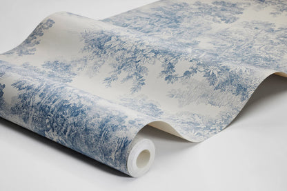 Bringing its rich blue imagery to life on a light clay-colored background, our Toile de Jouy wallpaper is classic and continental.