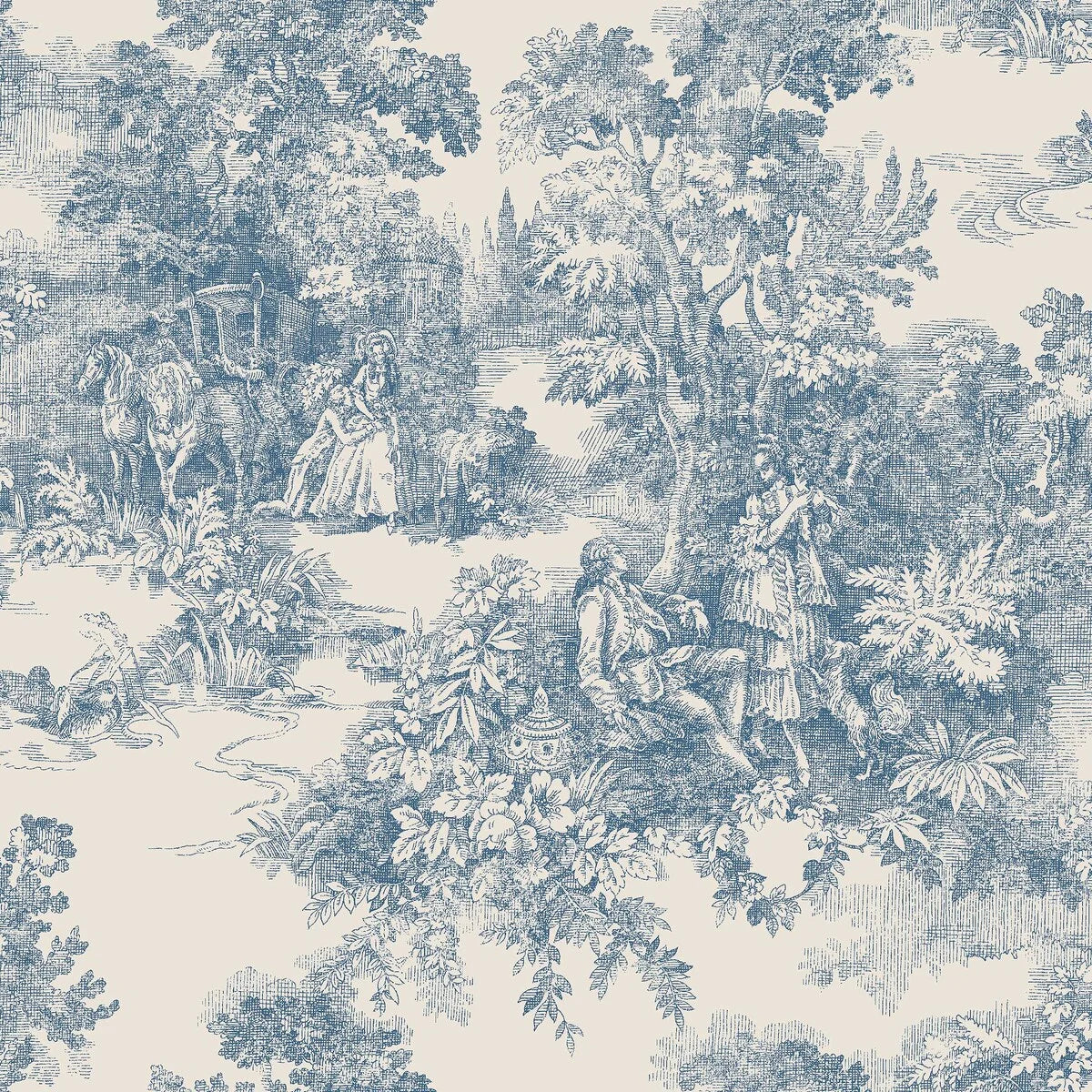Bringing its rich blue imagery to life on a light clay-colored background, our Toile de Jouy wallpaper is classic and continental.