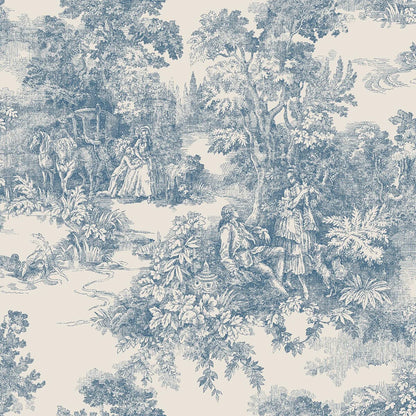 Bringing its rich blue imagery to life on a light clay-colored background, our Toile de Jouy wallpaper is classic and continental.