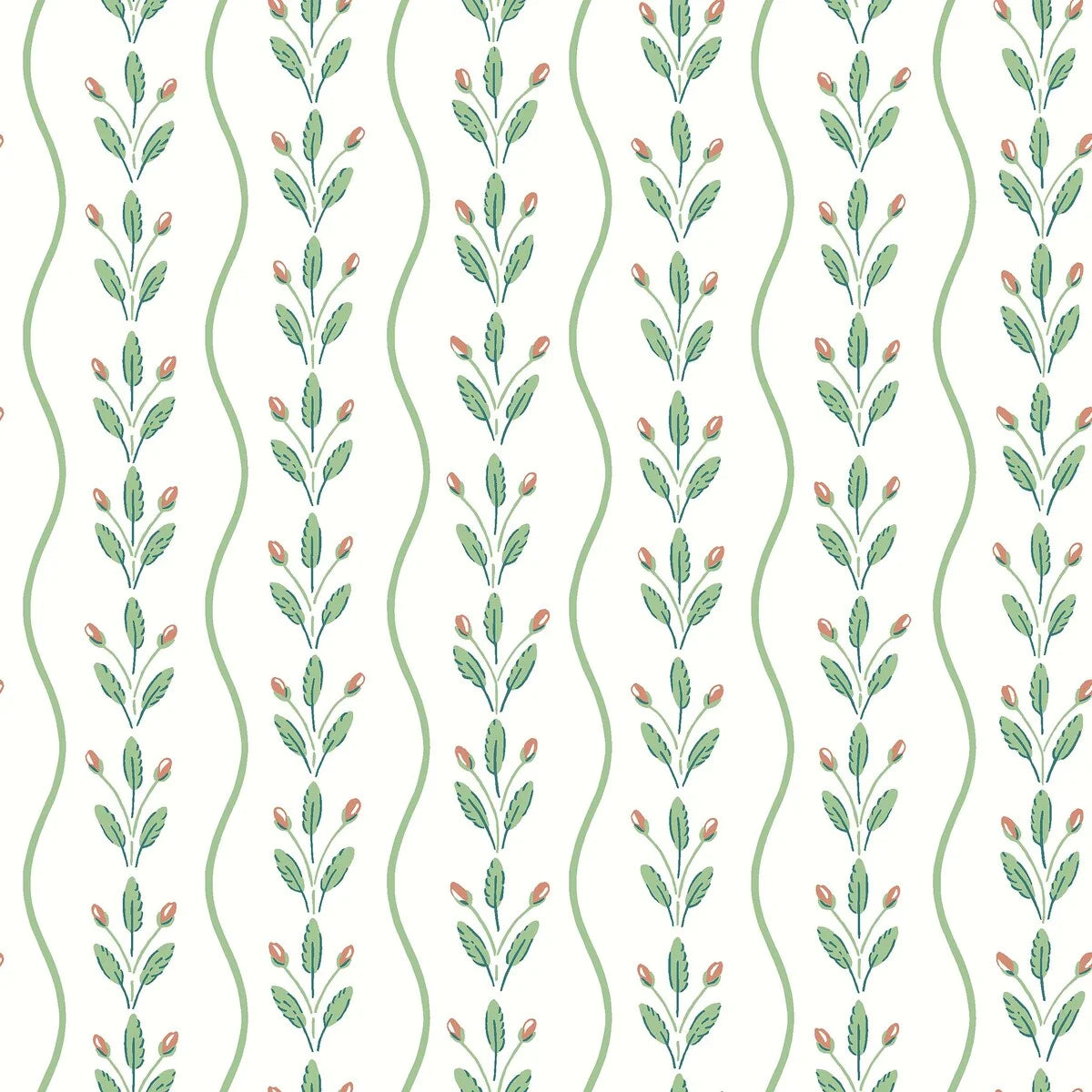 Colored in fresh leafy green tones punctuated with soft red detailing on a pure white background, our Flower Buds wallpaper brings a light, lively energy to your walls. 