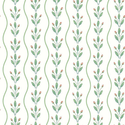 Colored in fresh leafy green tones punctuated with soft red detailing on a pure white background, our Flower Buds wallpaper brings a light, lively energy to your walls. 