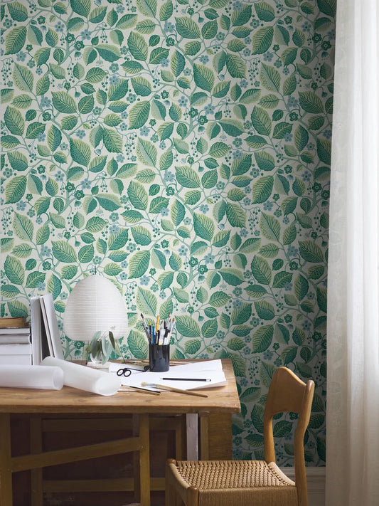 Set on a white base with vibrant green and blue tones, our Elm Tree wallpaper exudes a fresh and happy energy. 