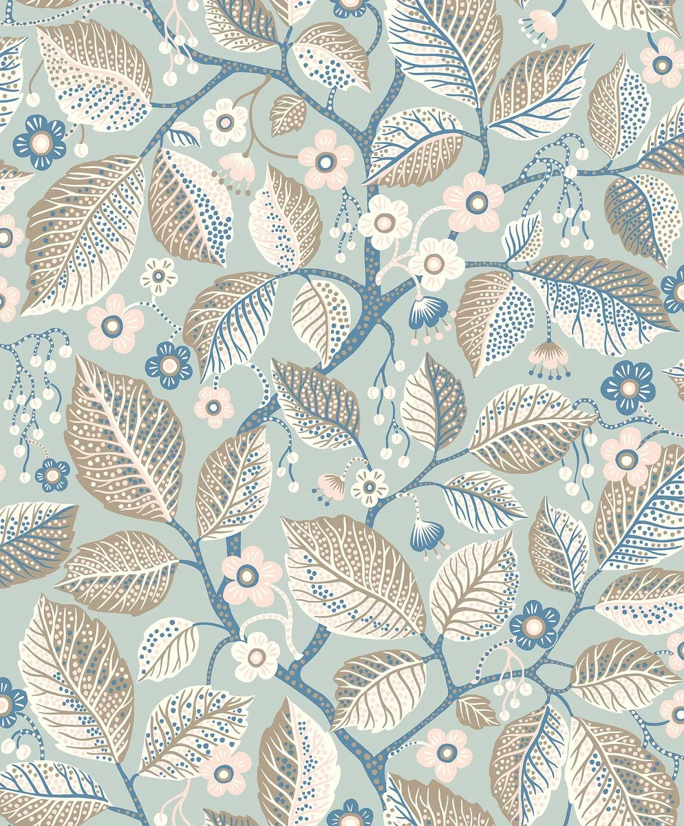 Set on a cool teal base, our Elm Tree wallpaper infuses rooms with Scandinavian charm with artistic flair. 