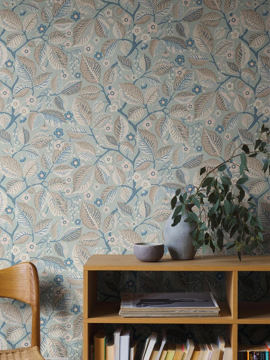 Set on a cool teal base, our Elm Tree wallpaper infuses rooms with Scandinavian charm with artistic flair. 