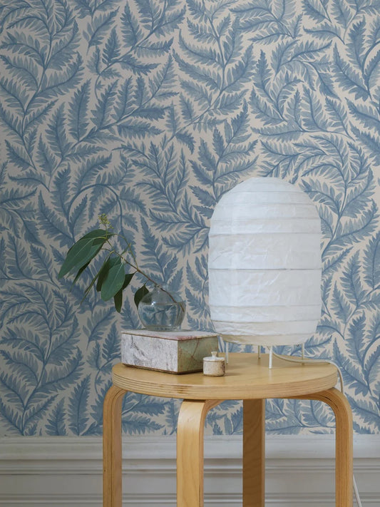 Bring fresh, airy energy to your walls with this Ferns wallpaper colored in a beautiful sky-blue hue on a white background. 