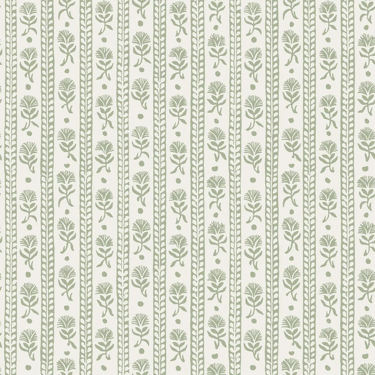 Featuring stylized carnations, our Nejlikerand wallpaper is colored in a fresh leafy green tone on a crisp white background.
