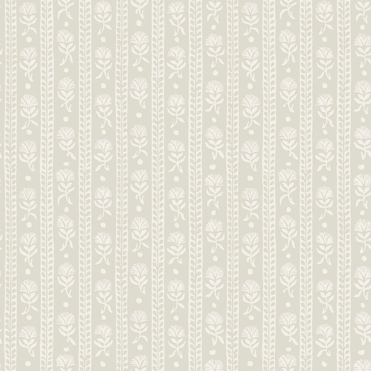Patterned wallpaper with small floral and geometric designs on a light gray background