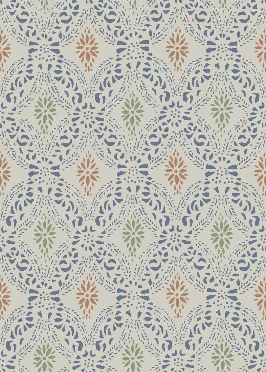 Eye catching and timeless, our Kvarnholmen wallpaper draws inspiration from a stencil held in Kalmar County Museum’s collections.