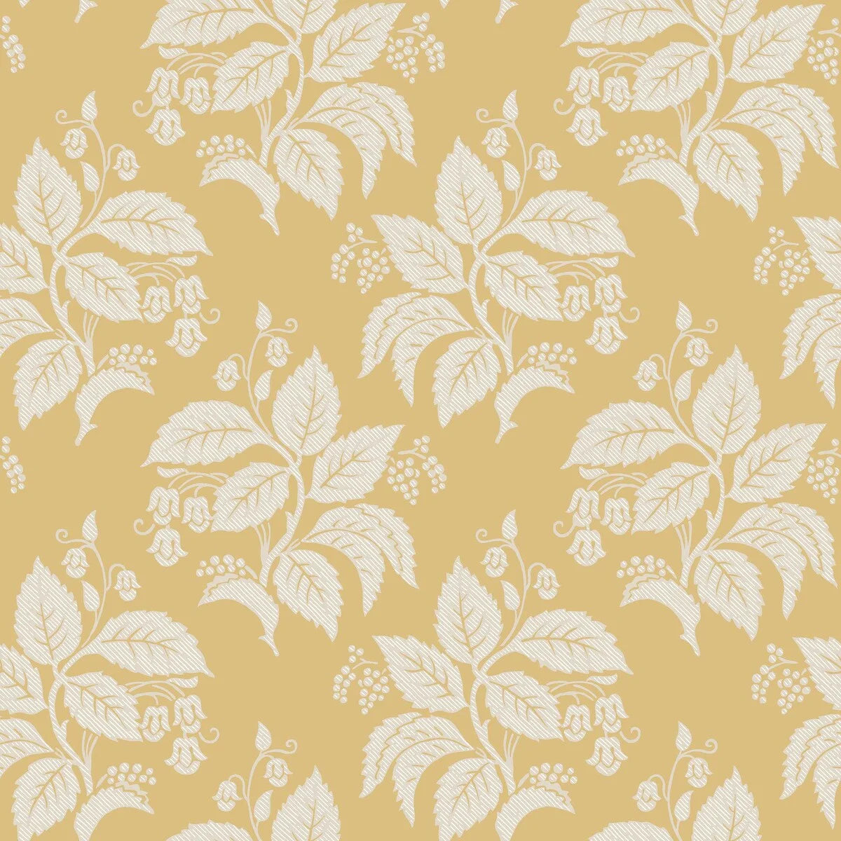 Our Tengbergska wallpaper offers a warm and cheerful take on an early 19th-century French wallpaper design, featuring a grey and white print on a yellow background.