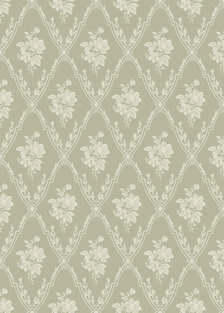 Decorative floral pattern with white flowers on a light green background