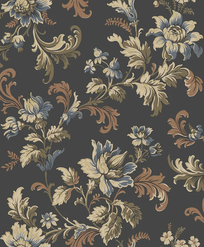 Set on a bold black background, with floral strands in tones of olive green, brown and blue, our Elvira wallpaper shimmers with golden detail.