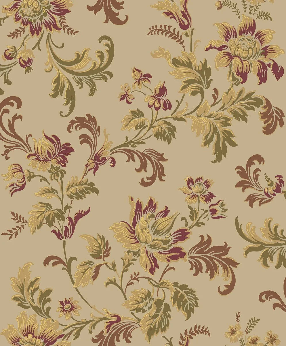  Evocative and autumnal, our Elvira wallpaper is colored in its original 1900s palette – olive, maroon and purple tones on a warm beige background. 
