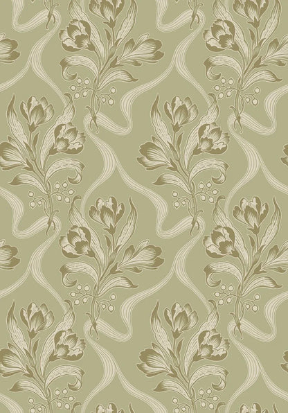  Bringing a breath of fresh air to the walls, our Jugendbukett wallpaper is colored in a pleasing palette of muted green. 
