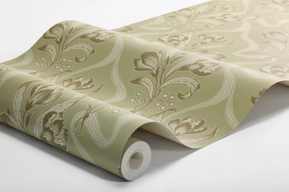  Bringing a breath of fresh air to the walls, our Jugendbukett wallpaper is colored in a pleasing palette of muted green. 