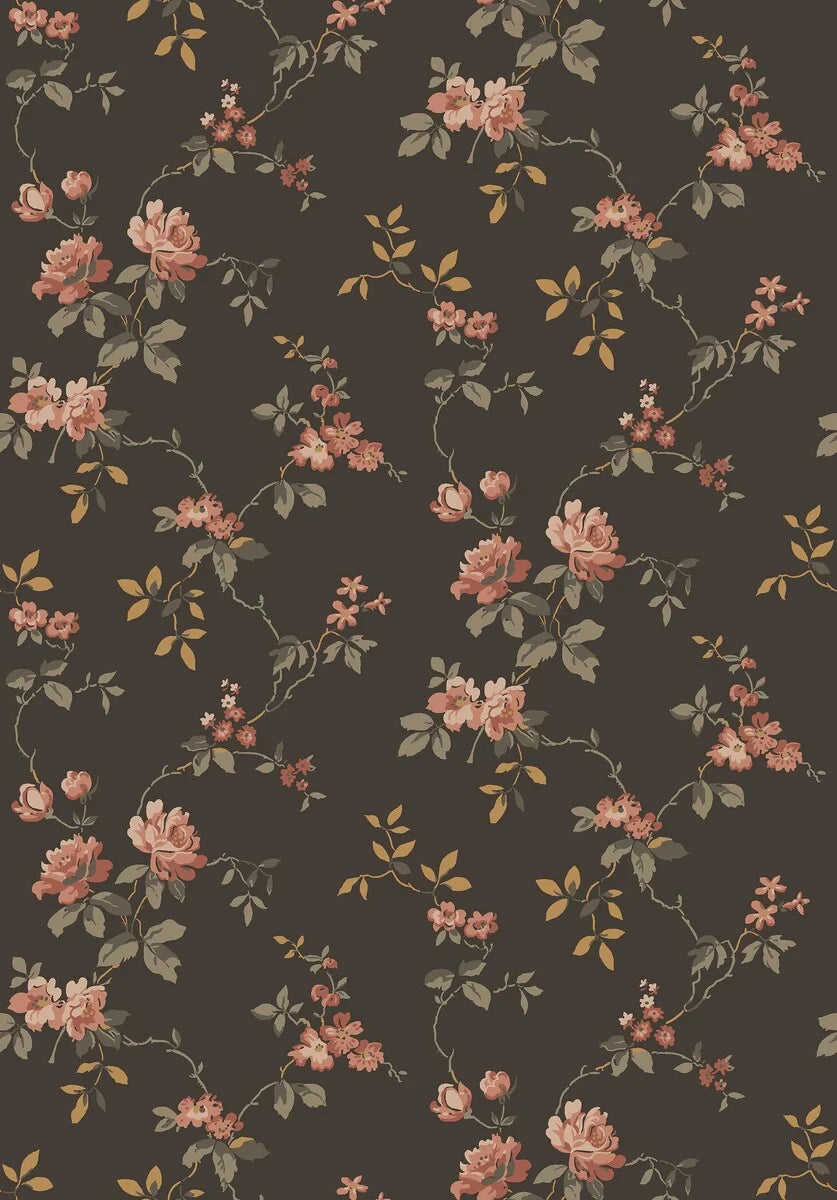  Delicate red and pink roses and grey-brown and copper-toned leaves unfurl across a deep, dramatic brown base in this Värmdö wallpaper. 