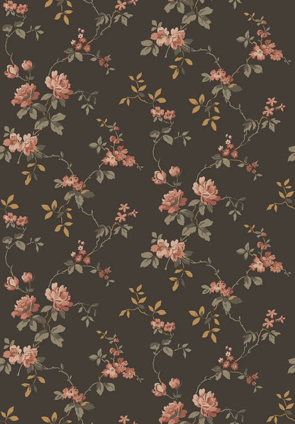  Delicate red and pink roses and grey-brown and copper-toned leaves unfurl across a deep, dramatic brown base in this Värmdö wallpaper. 