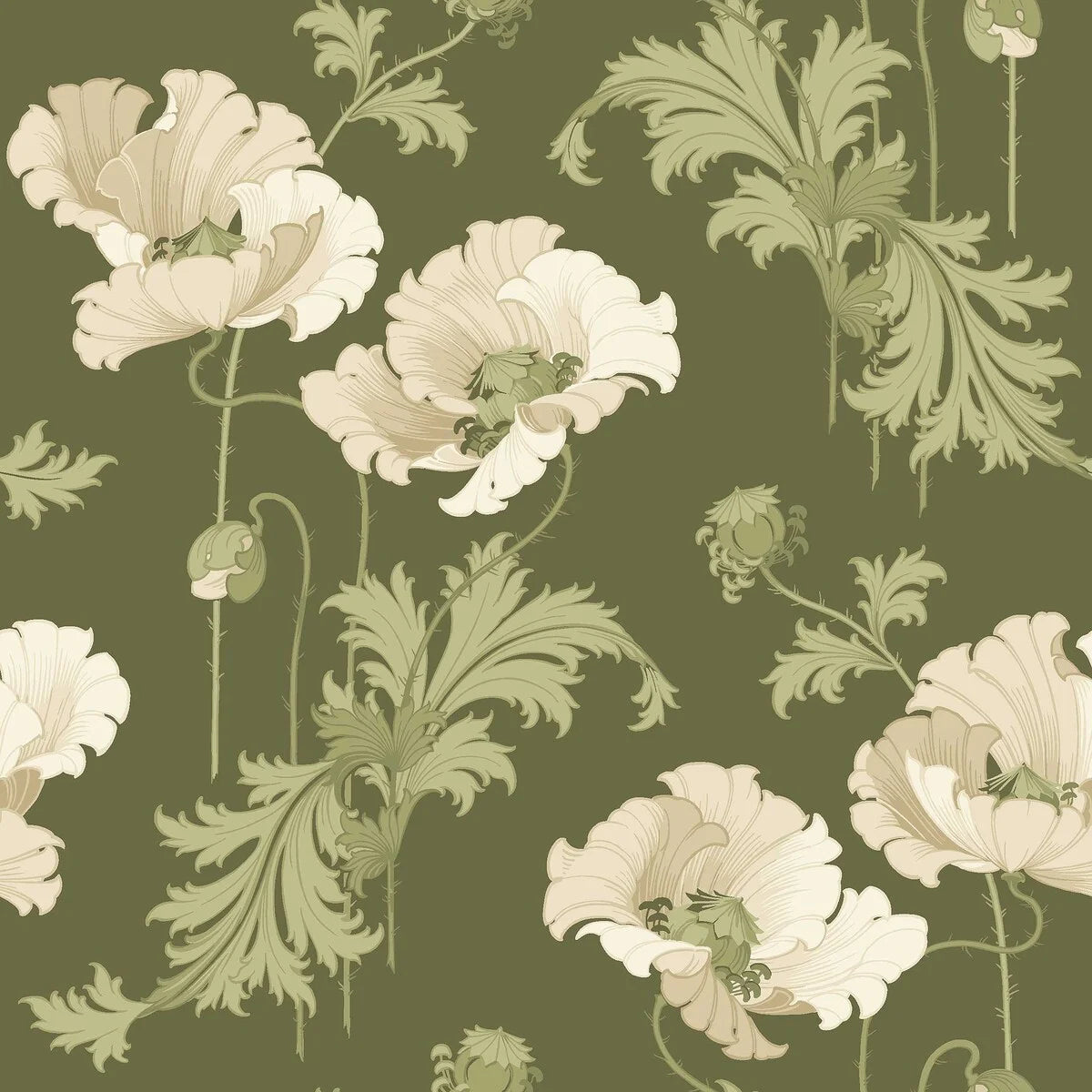 This Vallmo wallpaper has delicate white poppies that contrast beautifully against a deep green background.