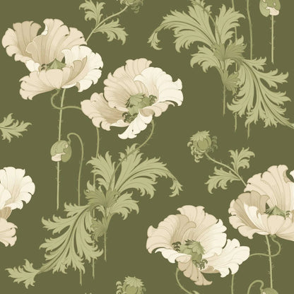 This Vallmo wallpaper has delicate white poppies that contrast beautifully against a deep green background.