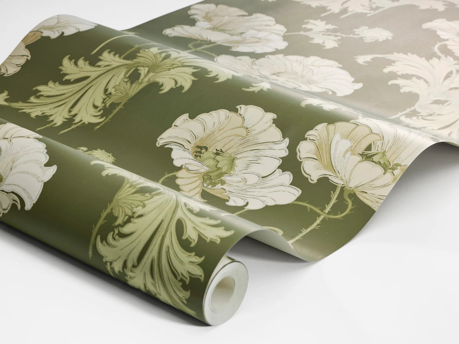 This Vallmo wallpaper has delicate white poppies that contrast beautifully against a deep green background.