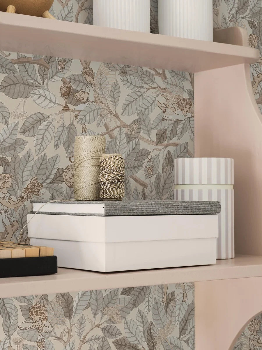 Envelop your walls in the soft grey tones of our Fairies wallpaper, where delicate grey-beige leaves form a dense, hand-painted watercolor forest canopy. 