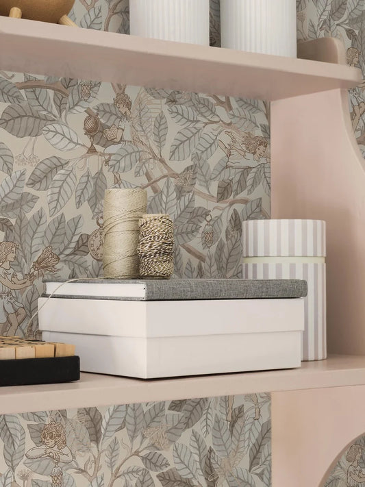 Envelop your walls in the soft grey tones of our Fairies wallpaper, where delicate grey-beige leaves form a dense, hand-painted watercolor forest canopy. 