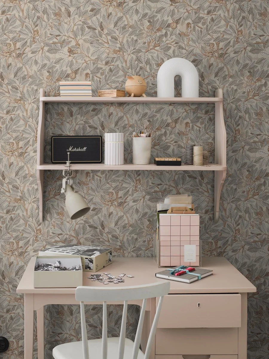 Envelop your walls in the soft grey tones of our Fairies wallpaper, where delicate grey-beige leaves form a dense, hand-painted watercolor forest canopy. 
