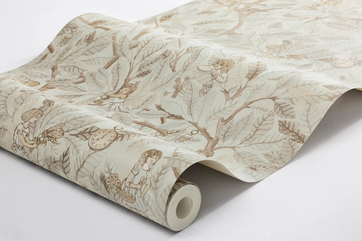 Envelop your walls in the soft grey tones of our Fairies wallpaper, where delicate grey-beige leaves form a dense, hand-painted watercolor forest canopy. 