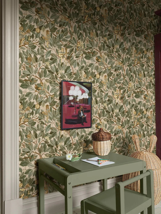 Capture the beauty of a sunlit forest with our Fairies wallpaper where lush green leaves unfold across a warm beige background. 