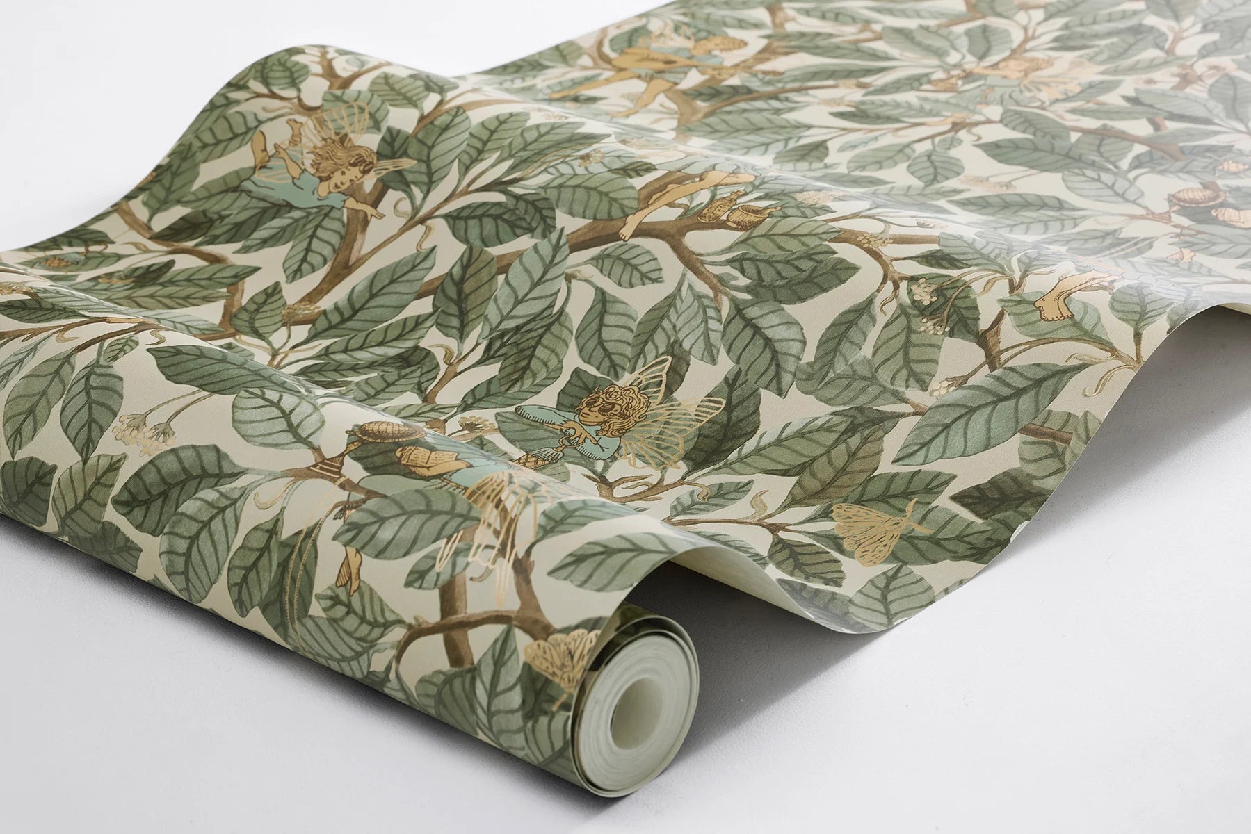 Capture the beauty of a sunlit forest with our Fairies wallpaper where lush green leaves unfold across a warm beige background. 