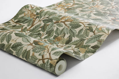 Capture the beauty of a sunlit forest with our Fairies wallpaper where lush green leaves unfold across a warm beige background. 