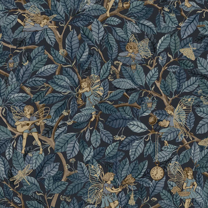Bring a sense of mystery and enchantment to your home with our Fairies wallpaper set on a midnight blue background with blue foliage and shimmering golden details. 