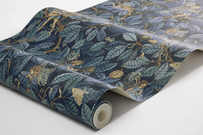 Bring a sense of mystery and enchantment to your home with our Fairies wallpaper set on a midnight blue background with blue foliage and shimmering golden details. 