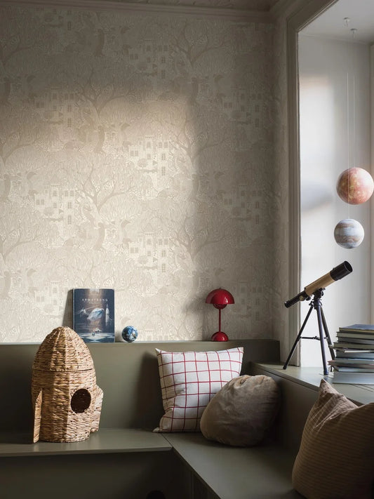 Our Kingdom of the Willow wallpaper brings a timeless fairy tale to life with its intricate, hand-drawn design in soft beige on an eggshell-white background.