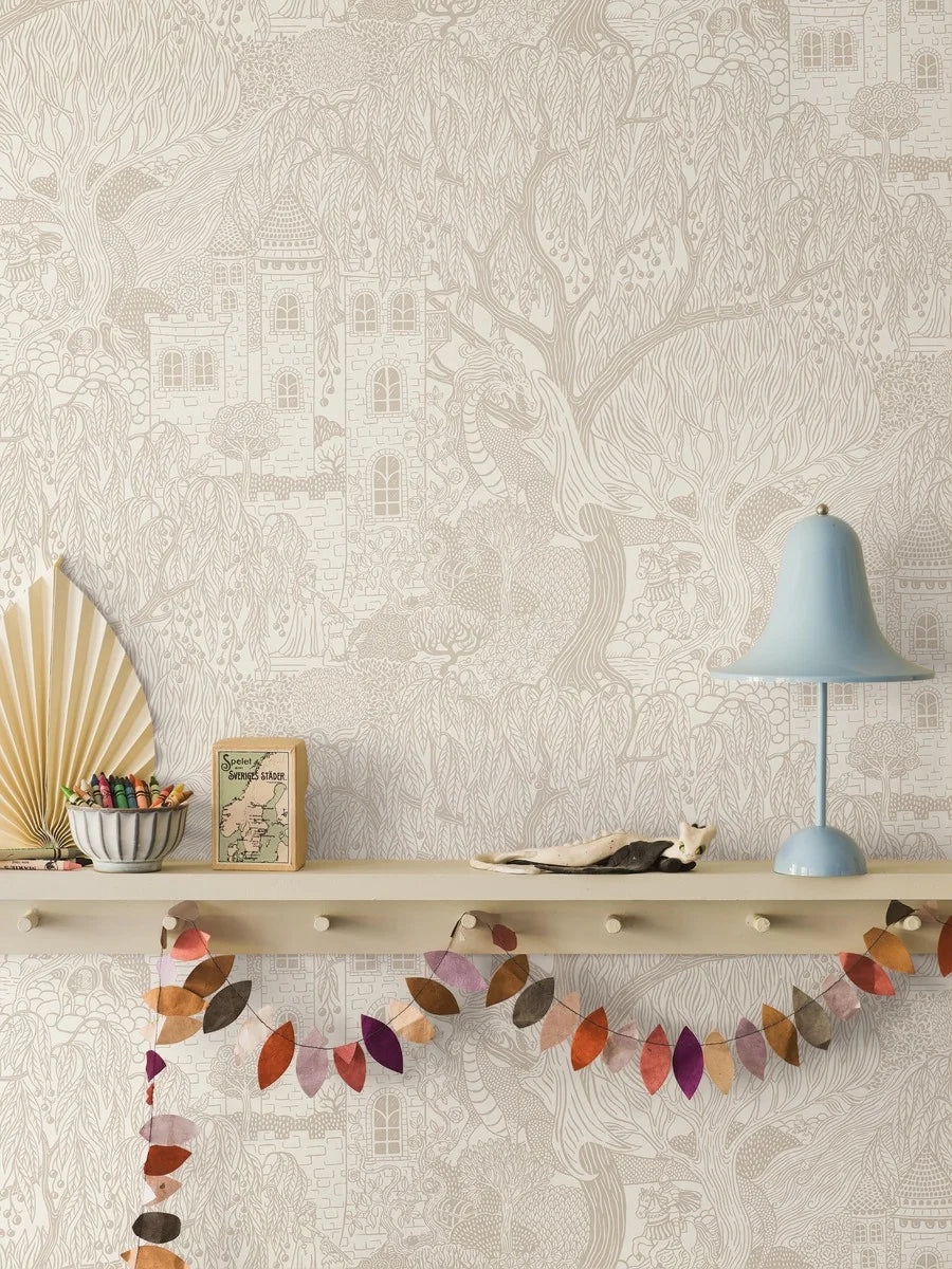 Our Kingdom of the Willow wallpaper brings a timeless fairy tale to life with its intricate, hand-drawn design in soft beige on an eggshell-white background.
