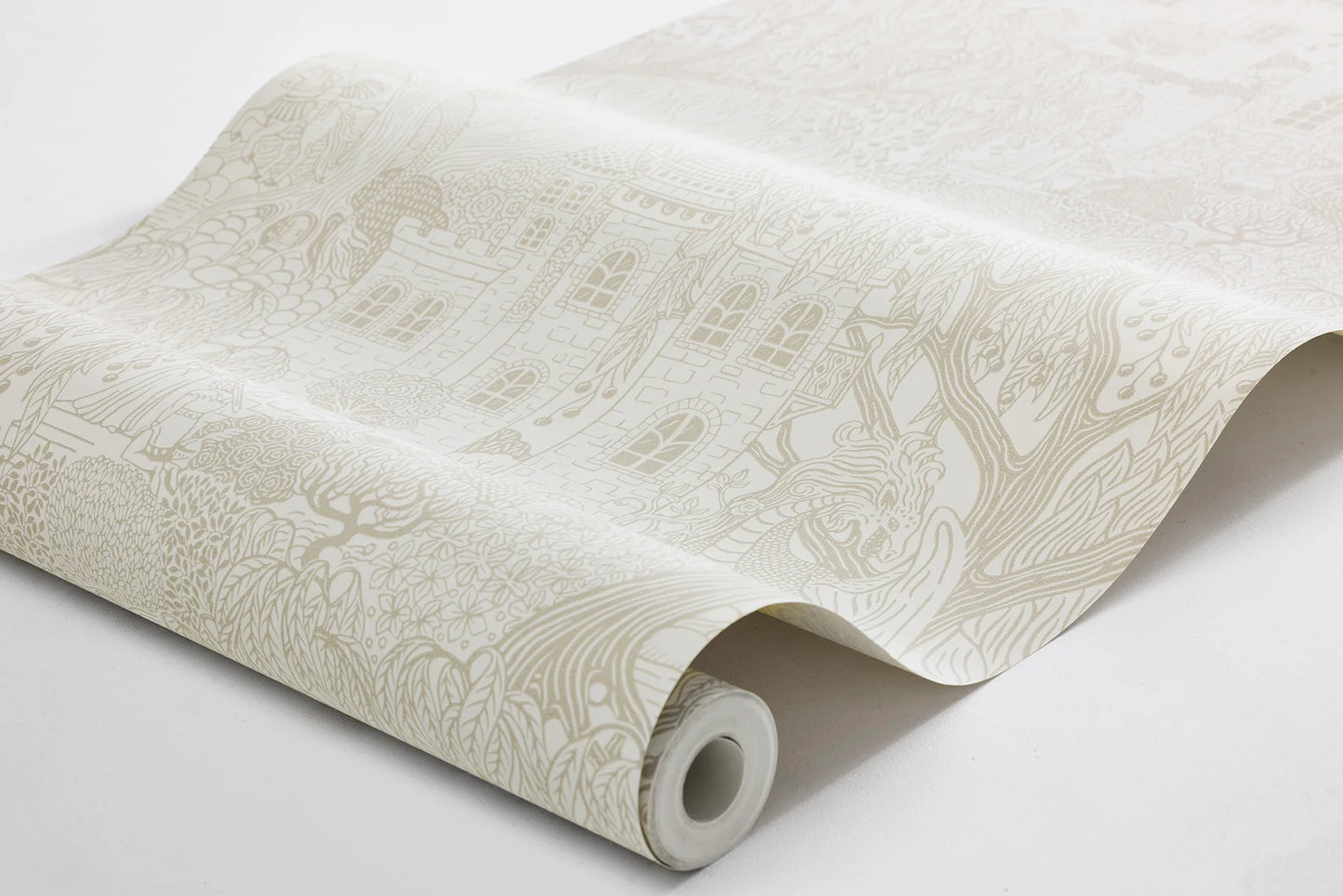 Our Kingdom of the Willow wallpaper brings a timeless fairy tale to life with its intricate, hand-drawn design in soft beige on an eggshell-white background.