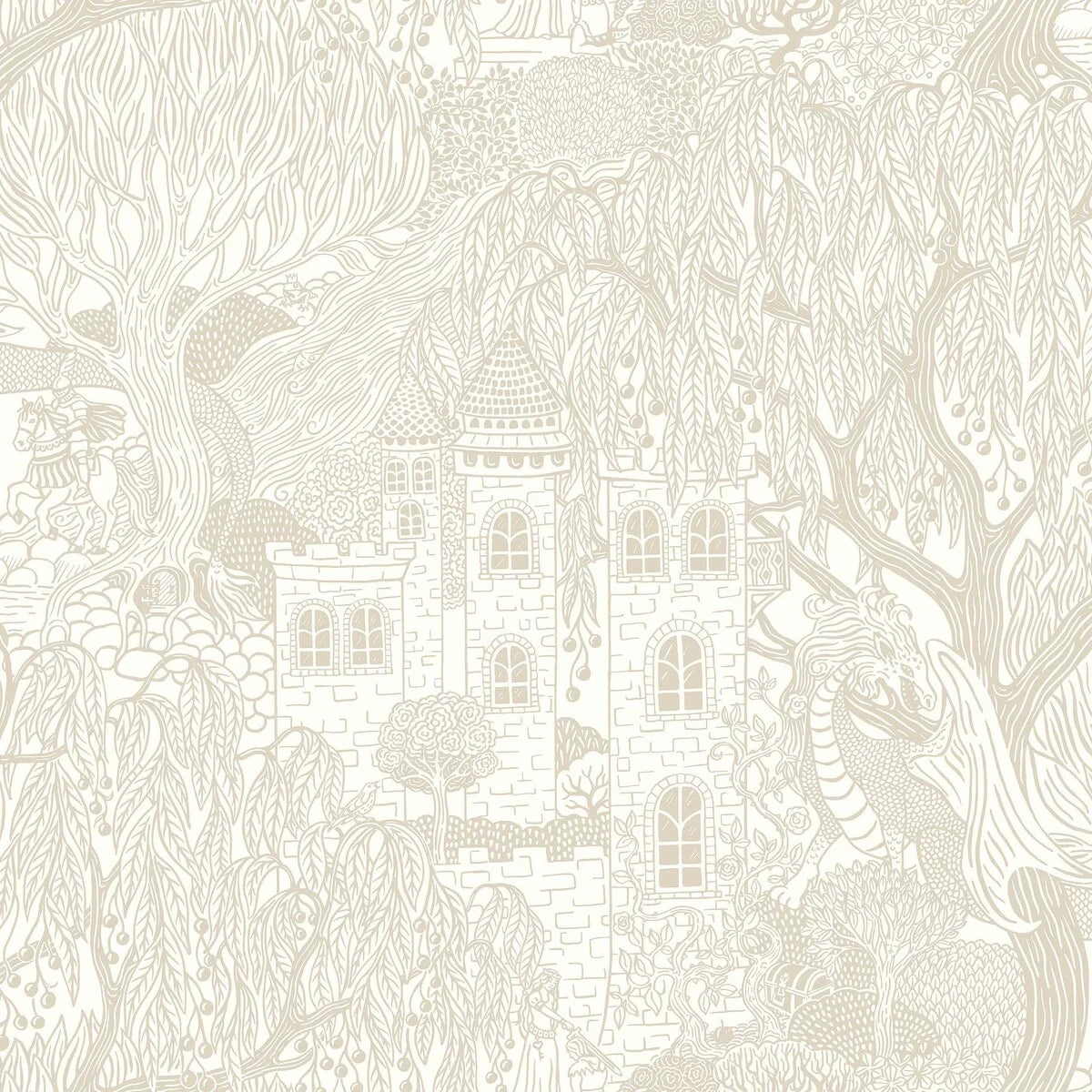Our Kingdom of the Willow wallpaper brings a timeless fairy tale to life with its intricate, hand-drawn design in soft beige on an eggshell-white background.