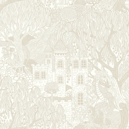 Our Kingdom of the Willow wallpaper brings a timeless fairy tale to life with its intricate, hand-drawn design in soft beige on an eggshell-white background.
