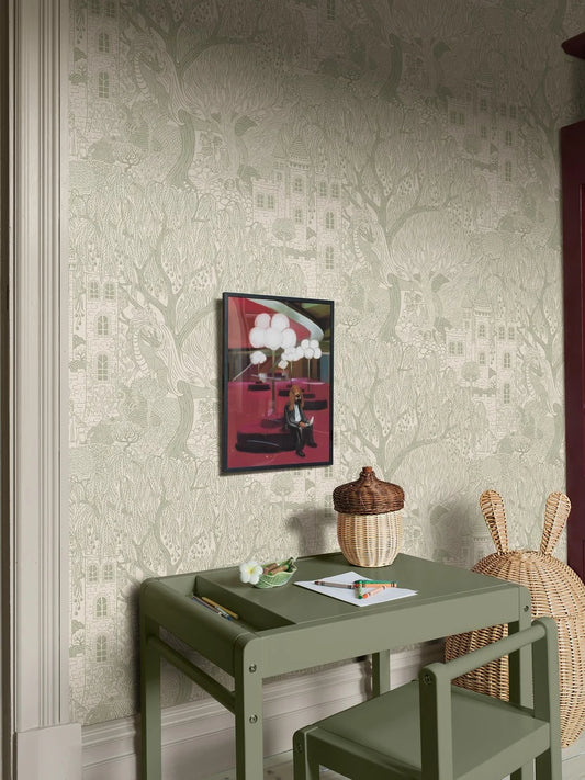 Featuring a charming fairy-tale, our Kingdom of the Willow wallpaper is colored in a fresh green hue on an eggshell-white background.