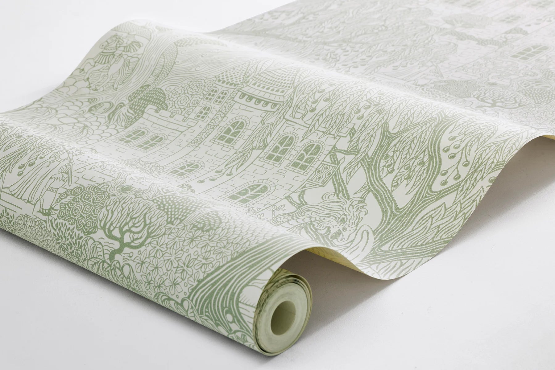 Featuring a charming fairy-tale, our Kingdom of the Willow wallpaper is colored in a fresh green hue on an eggshell-white background.