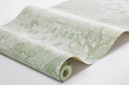 Featuring a charming fairy-tale, our Kingdom of the Willow wallpaper is colored in a fresh green hue on an eggshell-white background.